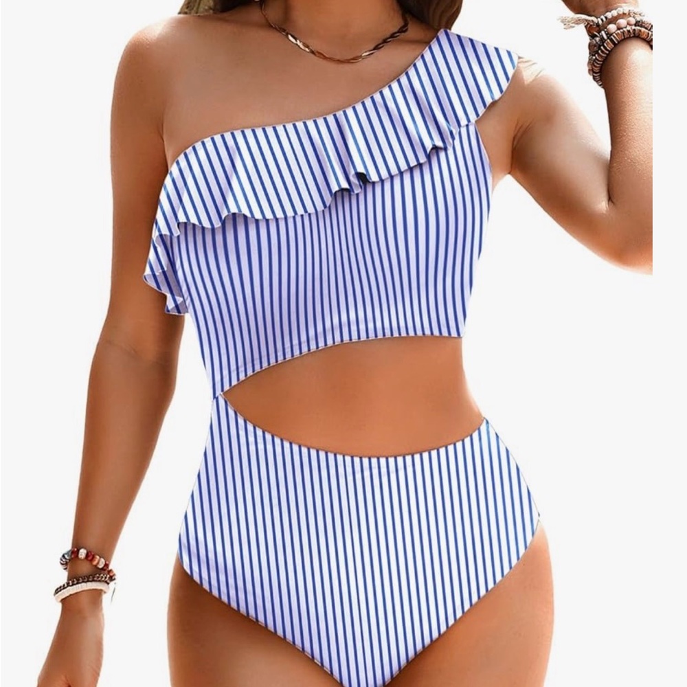 TALISEA Blue and White Striped One Shoulder Swimsuit